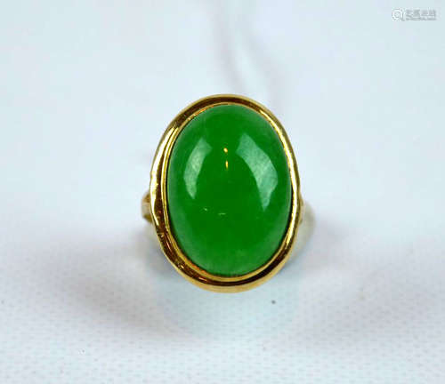 Chinese Natural Jadeite Cabochon in Gold Ring