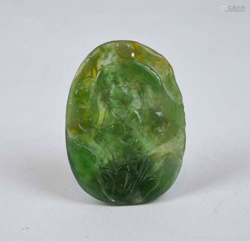 19th C carved Translucent Natural Jadeite Pendant