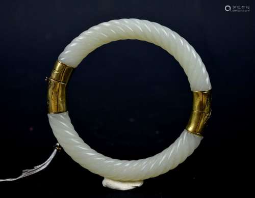 Antique Chinese Rope Carved White Jade Bangle