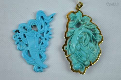 2 - Chinese Carved Turquoise Pendants, 14K Hanger