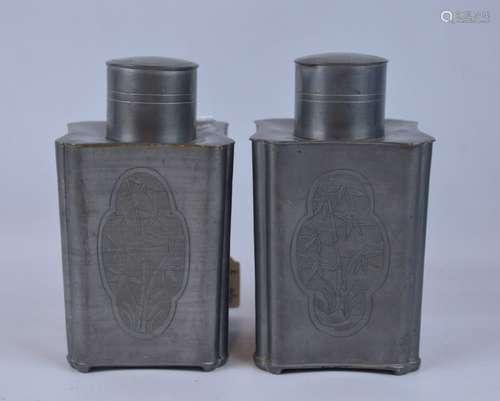 Pr Chinese Republic 4-Sided Carved Pewter Tea Jars