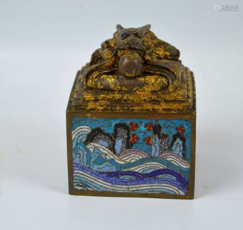 Heavy Chinese Gilt Bronze & Cloisonne Dragon Seal