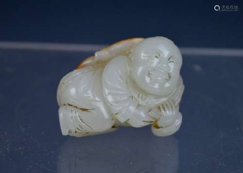 18th C Chinese Carved White Jade Boy Under Lotus