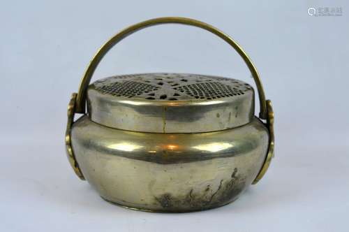 19th C Chinese White Bronze Hand Warmer & Cover