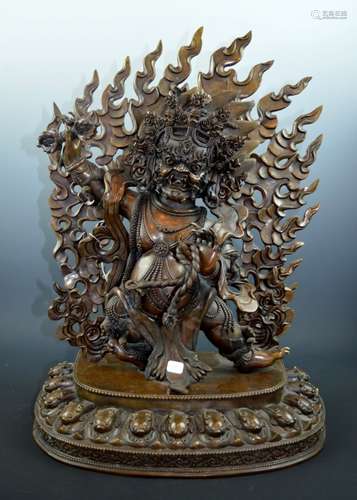 Large Old Tibetan Mahakala, Lotus Stand, & Flames