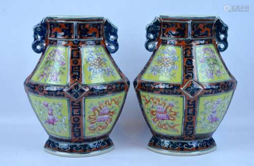 Pair Chinese Archaic Enameled Porcelain Vases