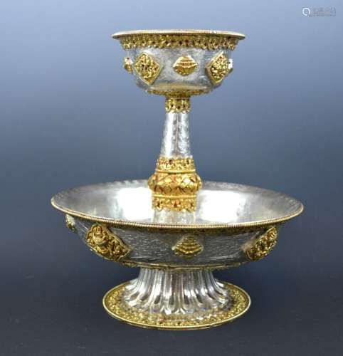 Tibetan Silver & Gold Plated Butter Lamp & Basin