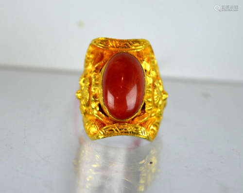 22K Gold & Dark Coral Cabochon Tibetan Ring