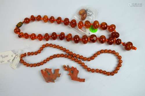 Amber Necklace total 65G, 2 Corals, Red Beads