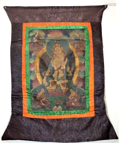 Tibet Early 20th C Thanka of Buddha Silk Surround