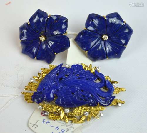 Carved Chinese Lapis Lazuli Phoenix & Earrings