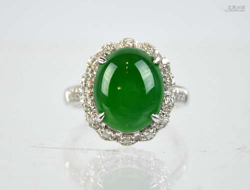 GIA Certified Natural Jadeite Cabochon 18K Ring