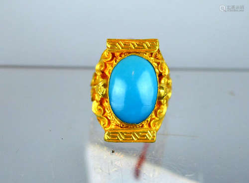 22K Gold & Unlined Turquoise Cabochon Tibetan Ring