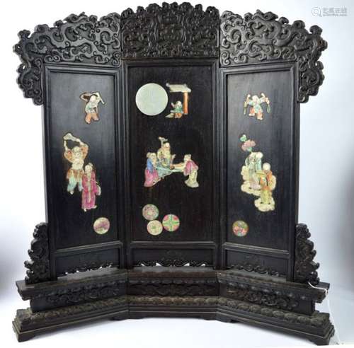 19th C Chinese Blackwood & Porcelain Table Screen