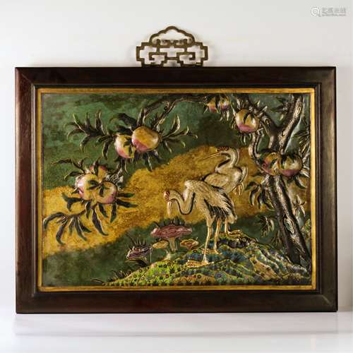 Chinese Bronze Enamel Wall Panel, Crane And Peach