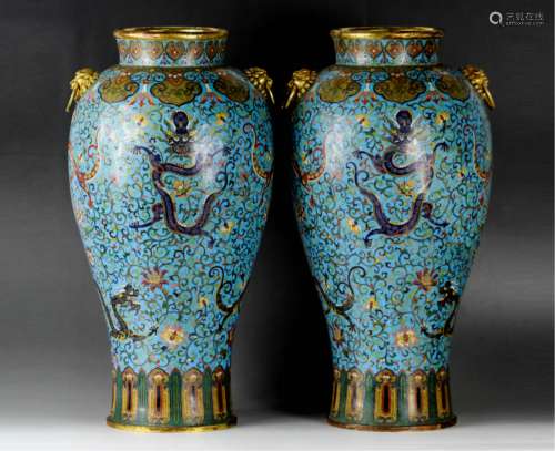 Pair Chinese Cloisonné Enamel Dragon Meiping Vase