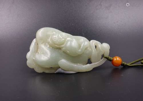 Chinese Qing Dynasty Jade Pendant, Cat On Fan