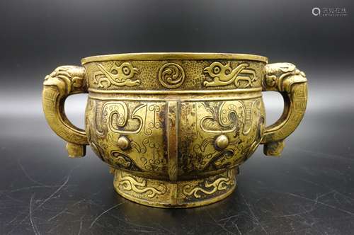 Chinese Gilt Bronze Twin Ear Beast Mask Censer