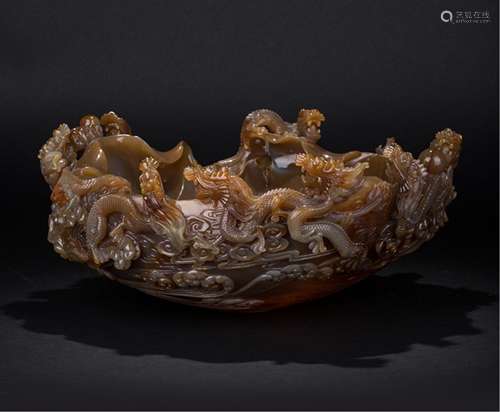 Chinese Agate Water Coupe With Dragons