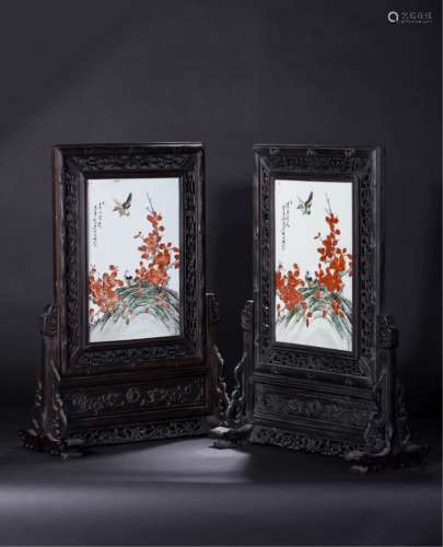 Pair Chinese Porcelain Plaque Table Screen