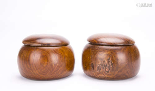 A Pair of Huanghuali Chinese Chess Pieces Boxes with Chess Pieces