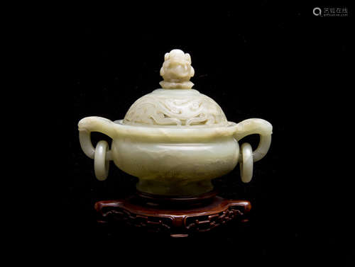 A Chinese Carved Jade Incense Burner with Cover and Base 