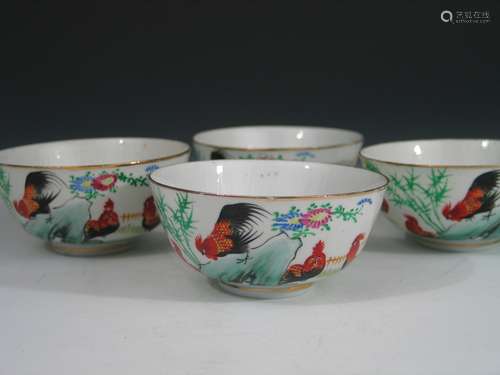 Four Chinese Famille Rose Porcelain Chicken Bowls.