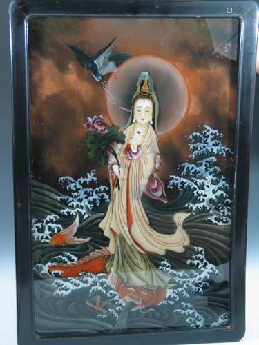 Chinese Reverse Painting of Guanyin in the Hard Wood