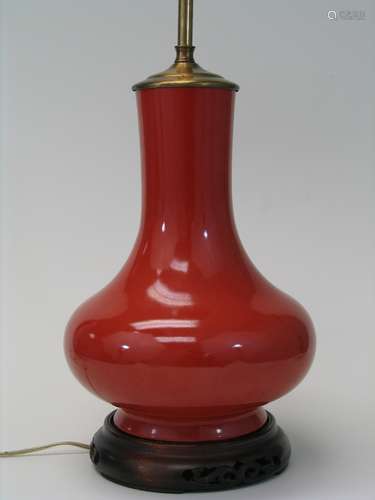 Coral Red Glazed Chinese Porcelain Vase Lamp.