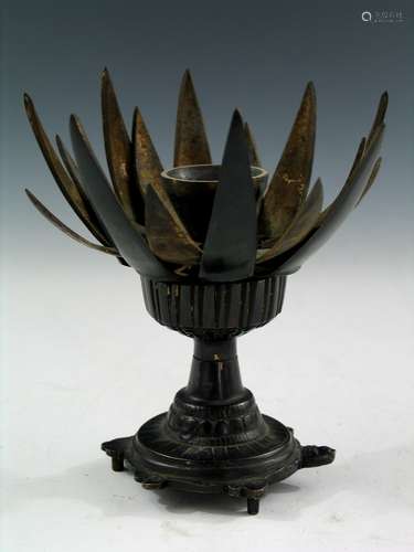 Antique Chinese Bronze Candle Holder in Lotus shape, 19th Century.