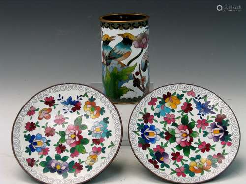 Pair of Cloisonne Dishes and Brush Pot