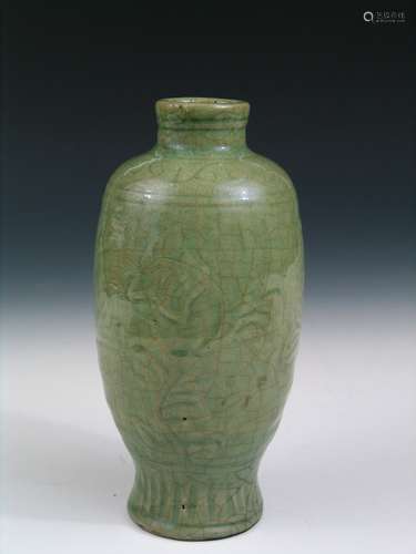 Antique Chinese Celadon Stoneware Vase, Yuan Dynasty.