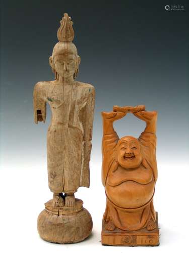 Two Asian Carved Wood Buddha Statues