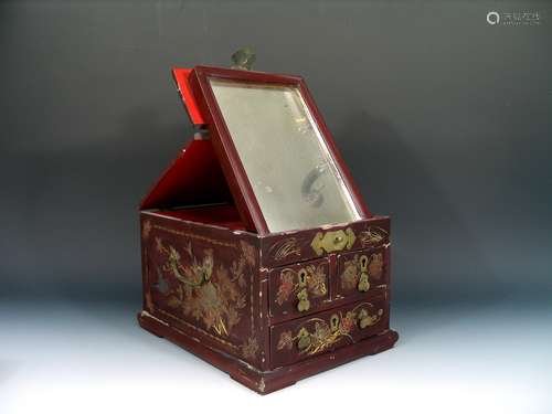 Antique Chinese Lacquered Wood Box with Mirror.