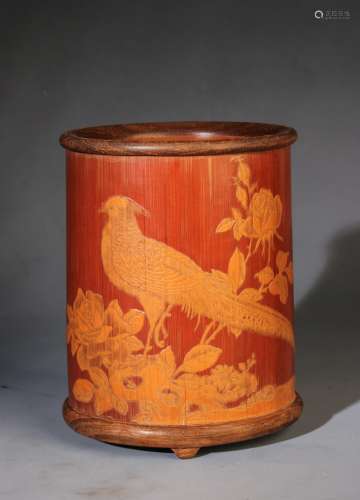 Chinese Qing Dynasty Bamboo Brush Pot, Bird