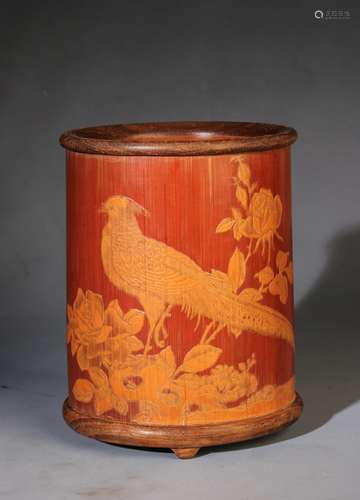 Chinese Qing Dynasty Bamboo Brush Pot, Bird