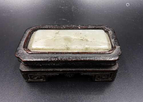 Chinese White Jade Ink Palette On Wood Stand