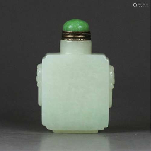 Chinese White Jade Snuff Bottle With Foolion Mask