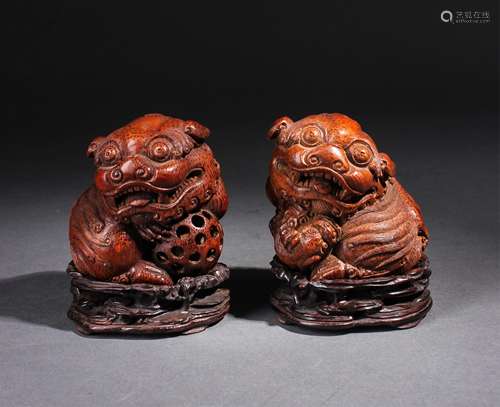 Pair Of Chinese Bamboo Carved Foolions