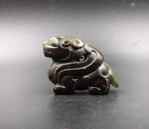 Chinese Yuan Dynasty Spinach Jade Beast