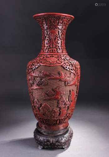 Chinese Qing Dynasty Cinnabar Lacquer Flower Vase