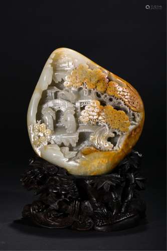 Chinese Celadon Jade Carved Boulder