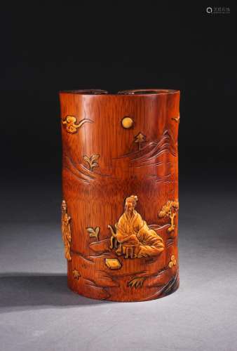 Chinese Bamboo Carved Brush Pot, Scholar Motif