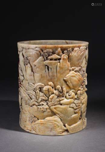 Chinese Soapstone Carved Brush Pot With Scenery