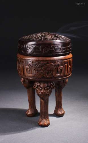Chinese Tripod Bamboo Censer With Rose Wood Cover