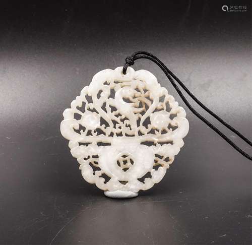 Chinese White Jade Pendant, Flower Basket Motif