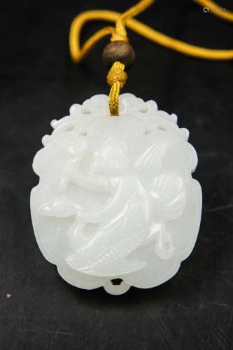 Chinese White Jade Pendant, Boy On Goose