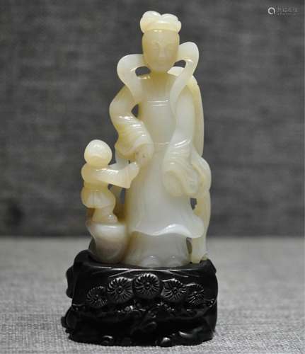 Chinese White Jade Figure Of Queen Mother And Boy