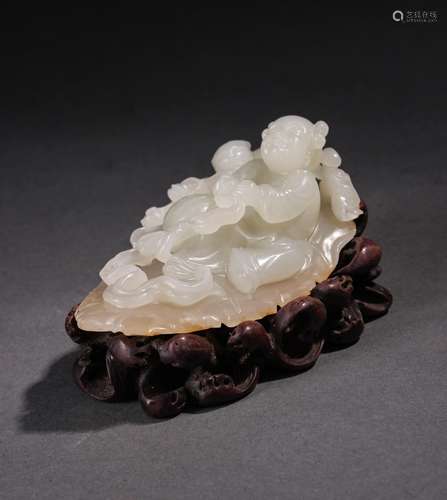 Chinese Hetian Jade Carved Boy With Foolion