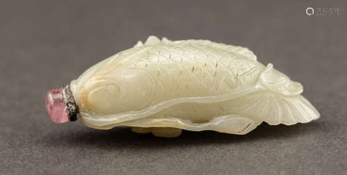 19th Chinese Antique Celadon Carved Jade Snuff Bottle